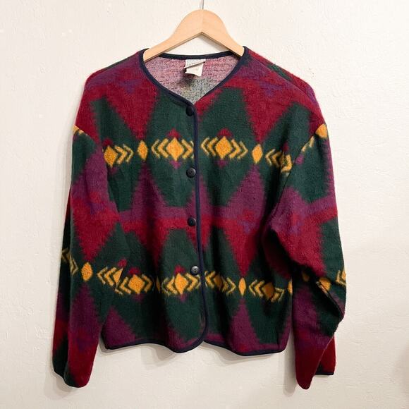 Vintage David Wayne Southwest Fleece Jacket Medium Green Western Boho Aztec 90's - Picture 1 of 6